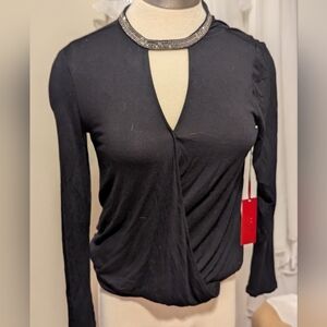 Jennifer Lopez Black Embellished Cut Out Wrap Blouse